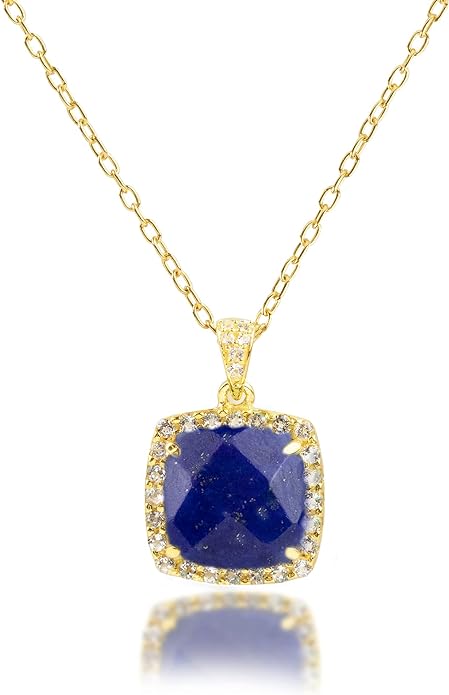 MAX + STONE 5 Ct. Blue Lapis Lazuli Necklace for Women | 18k Gold Over Sterling Silver Cushion Cut September Birthstone Necklace with Halo | Adjustable 18-20 Inch Chain | Large Lapis Pendant Necklace