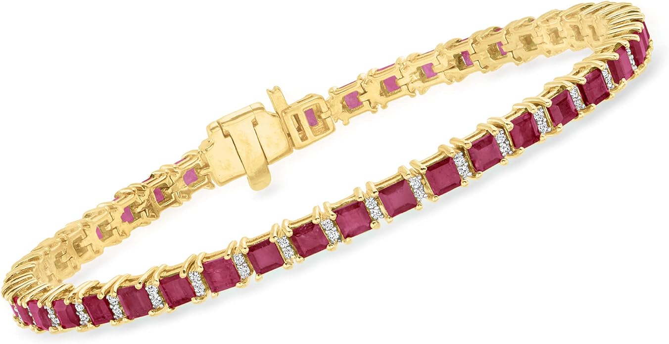 Ross-Simons 9.50 ct. t.w. Ruby Tennis Bracelet With .50 ct. t.w. Diamonds in 18kt Gold Over Sterling. 7 inches
