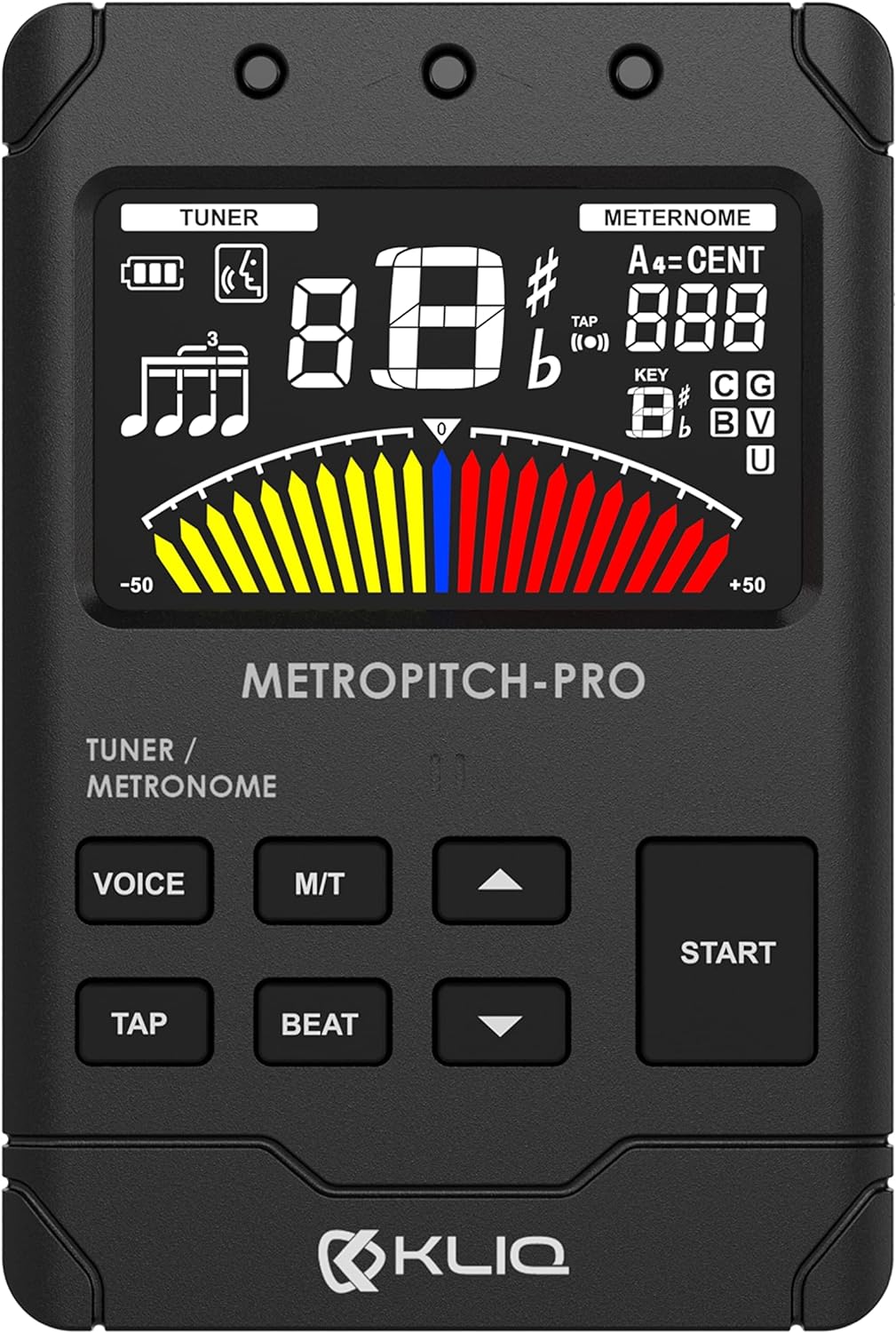 KLIQ MetroPitch-PRO - Rechargeable Metronome Tuner for All Instruments - with Guitar, Bass, Violin, Ukulele, and Chromatic Tuning Modes - Tone Generator - Wired sensor Included, Black