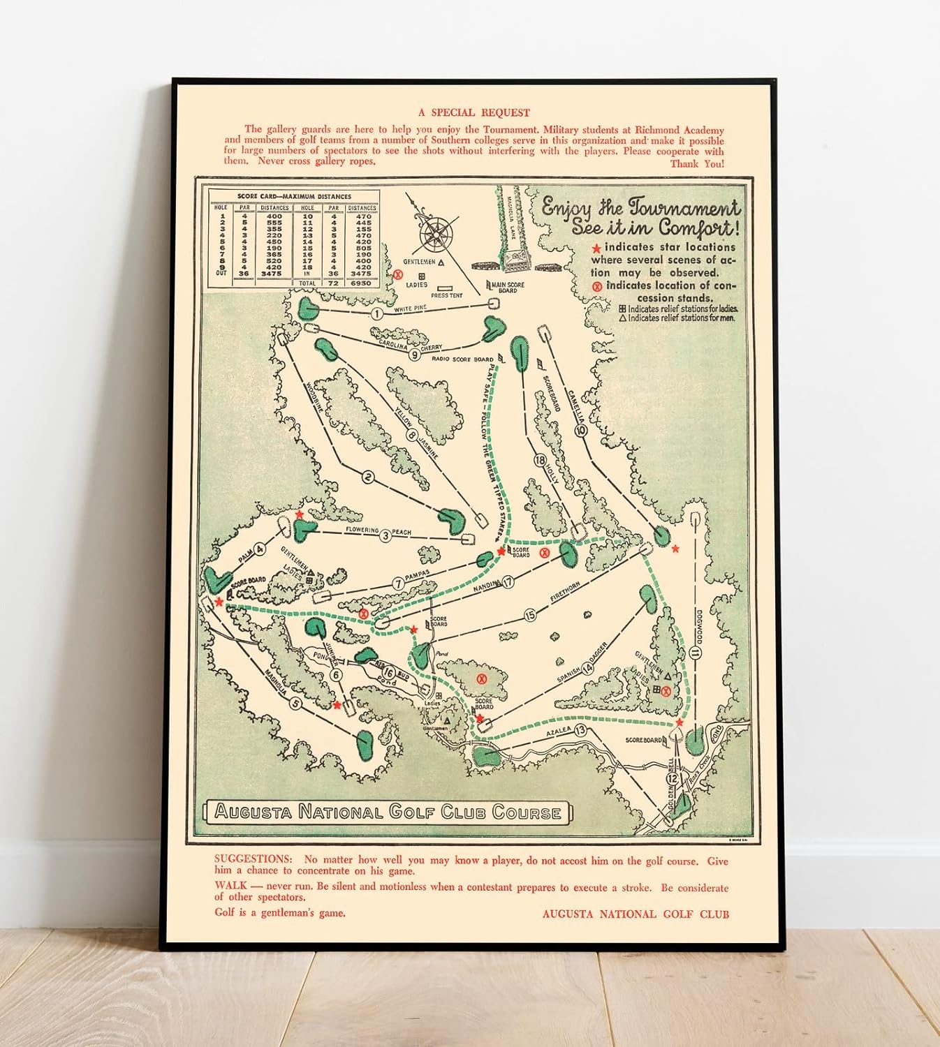 Historic Map - Augusta National Golf Club Course, 1954, Augusta National Golf Club - Vintage Wall Art 24in x 30in