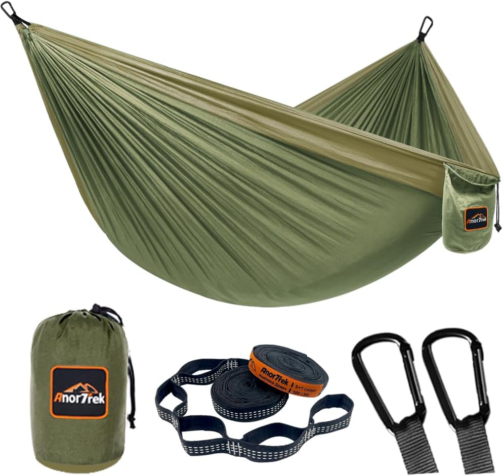 AnorTrek Camping Hammock, Super Lightweight Portable Parachute Hammock with Two Tree Straps Single or Double Nylon Travel Tree Hammocks for Camping Backpacking Hiking