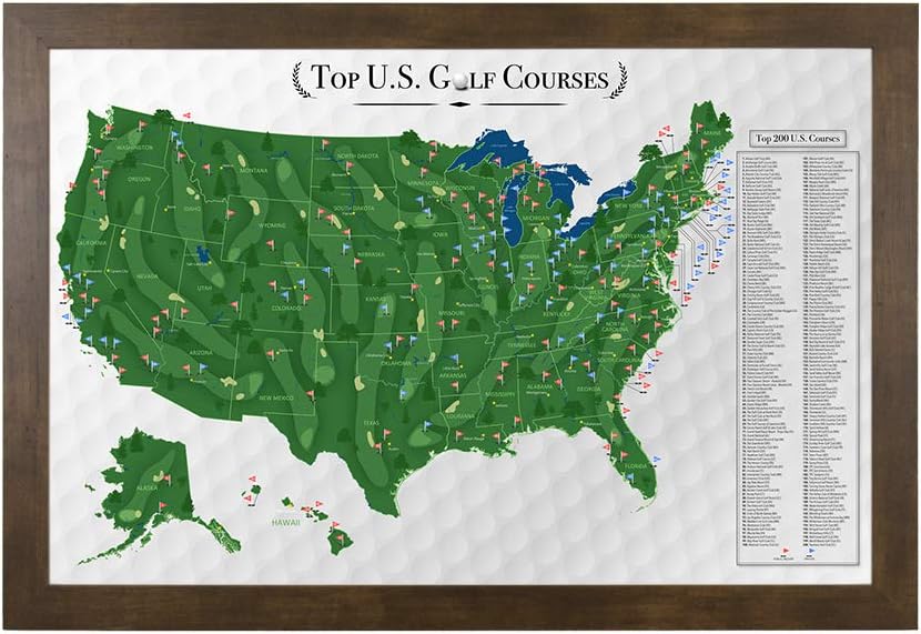 Top Golf Courses USA Map - Rustic Brown Frame - 27.5 inches x 39.5. inches - Golf Course Map - Track your Golfing Adventures