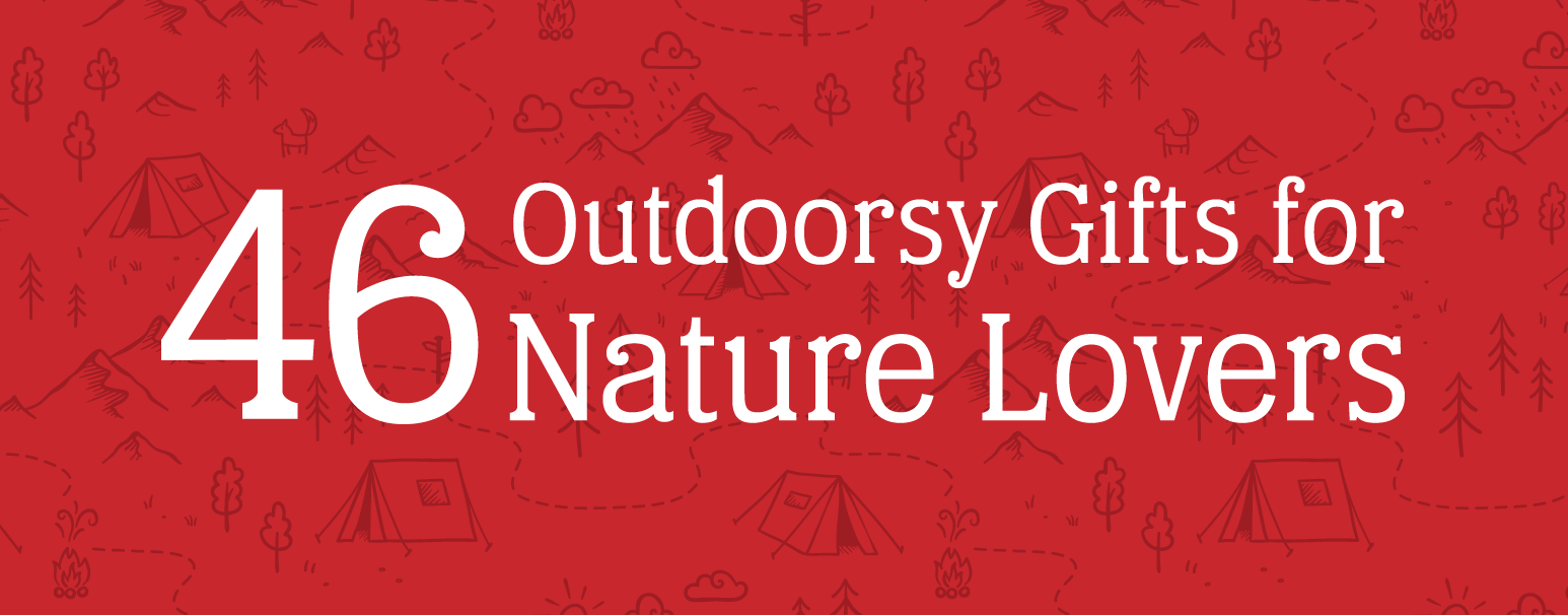 Red background with a nature themed pattern and a white text overlay that reads "46 Outdoorsy Gifts for Nature Lovers"